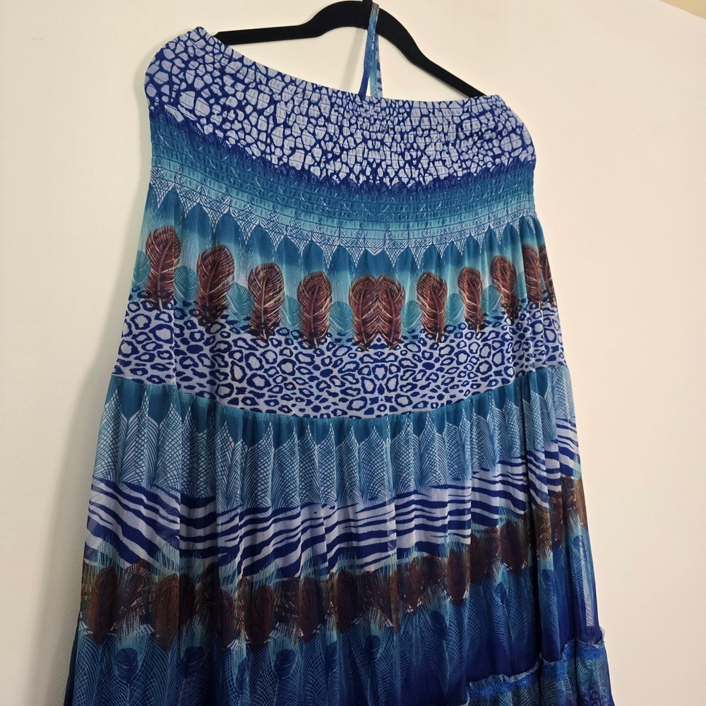 Lapis Convertible Skirt Dress L Blue Animal Peacock Print Beach Boho Gypsy Festi - Picture 2 of 9